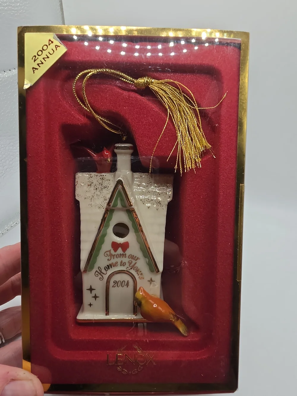 Lenox 2004 White & Gold Cardinal Birdhouse Holiday Ornament